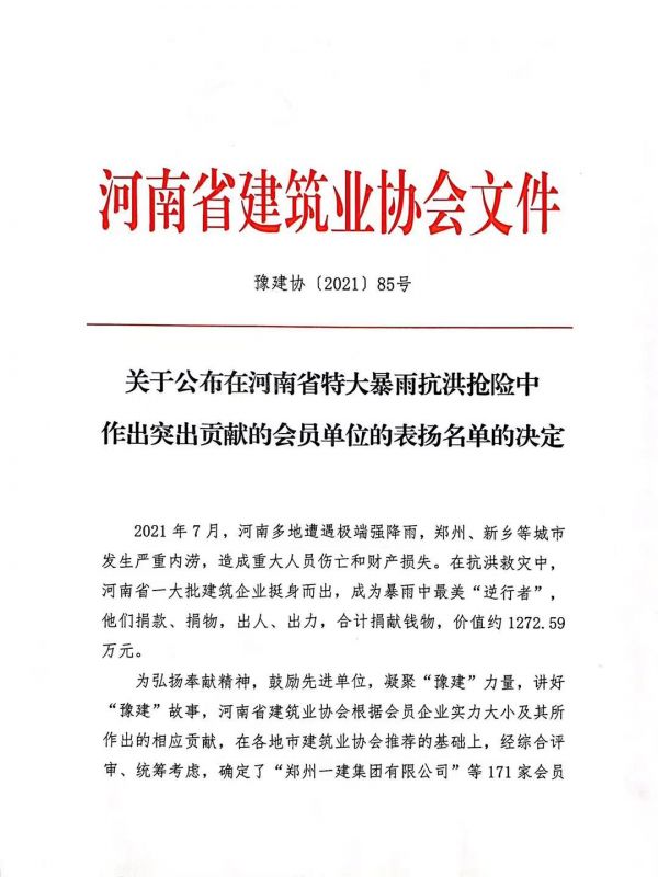   公司獲得省建協(xié)“抗洪救災作出突出貢獻單位”